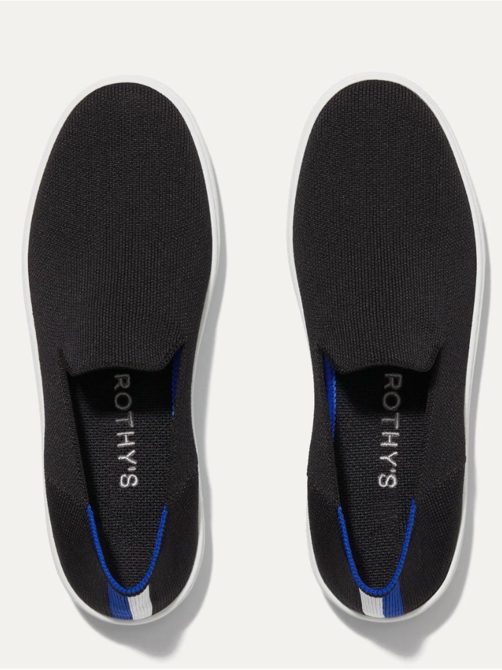 Rothy's Black Knit Original Slip-On Sneakers with Blue & White Heel Tabs
